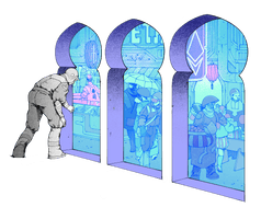 Illustration of a person peering into a bazaar, meant to represent Nexus.